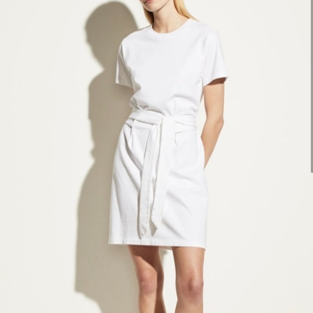VINCE White 100% Cotton Tie Waist T-shirt Dress Sz L